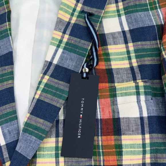 Tommy Hilfiger Blazer Mens 42L Colorful Plaid Ethan 100% Linen Jacket $295 MSRP